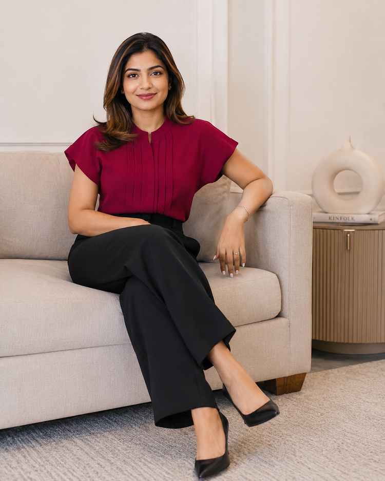 Maroon pleat-detail workwear top